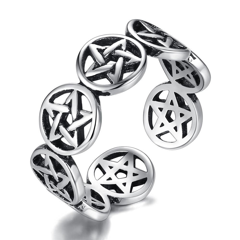 Pentagram Star Circle Link Sterling Silver Ring