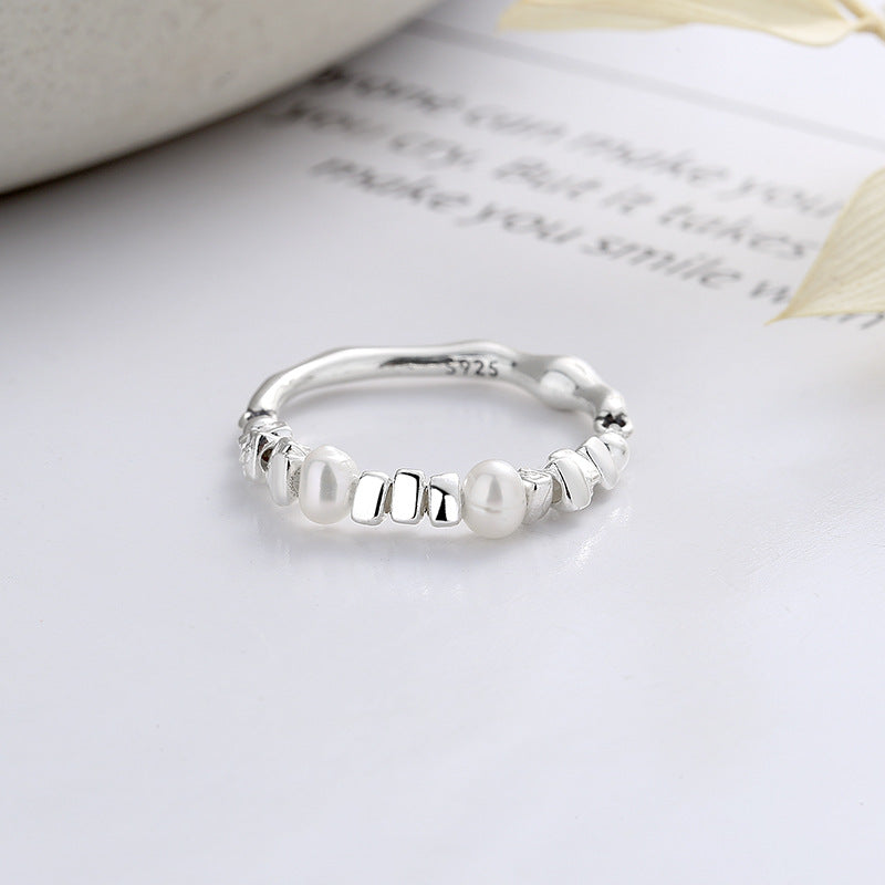 Pearl Beads Elasticated Style Sterling Silver Ring