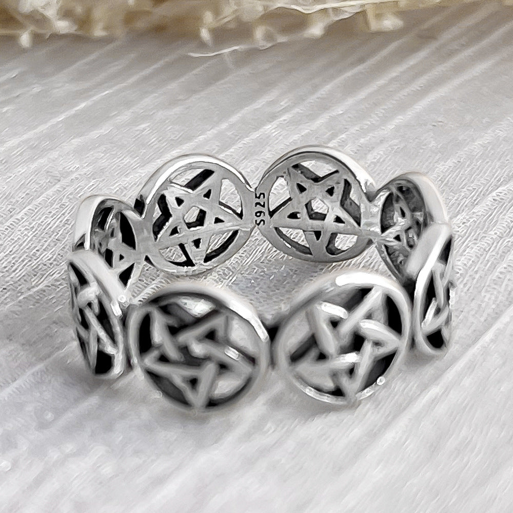 Pentagram Star Circle Link Sterling Silver Ring
