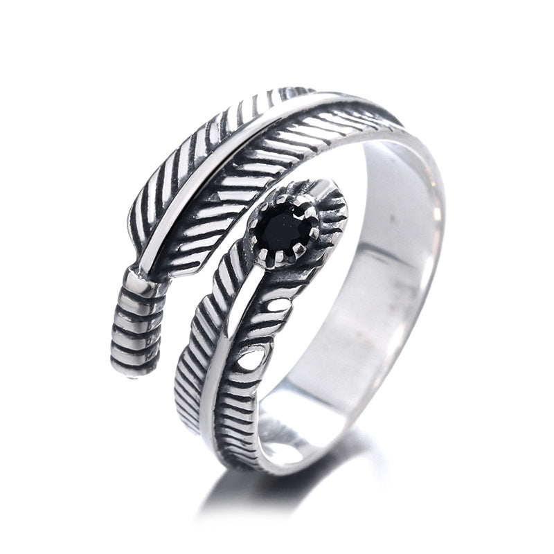 Feather with Black Zircon Sterling Silver Ring
