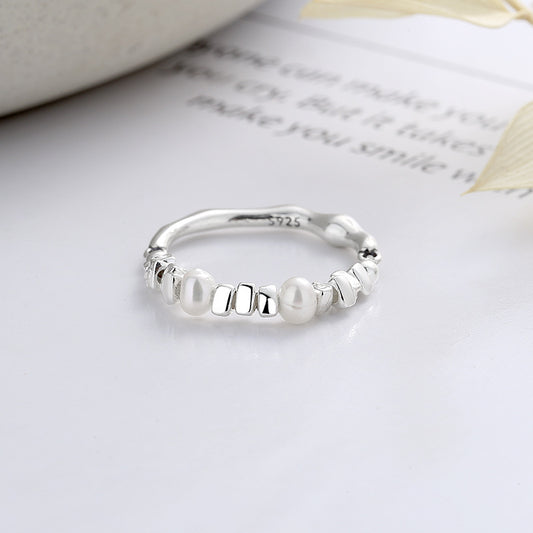 Pearl Beads Elasticated Style Sterling Silver Ring