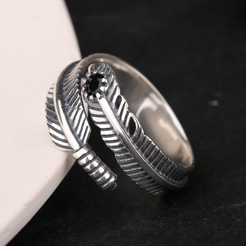 Feather with Black Zircon Sterling Silver Ring