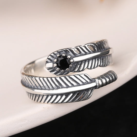 Feather with Black Zircon Sterling Silver Ring
