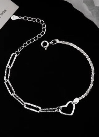 Love Heart Chain Link Style Sterling Silver Bracelet